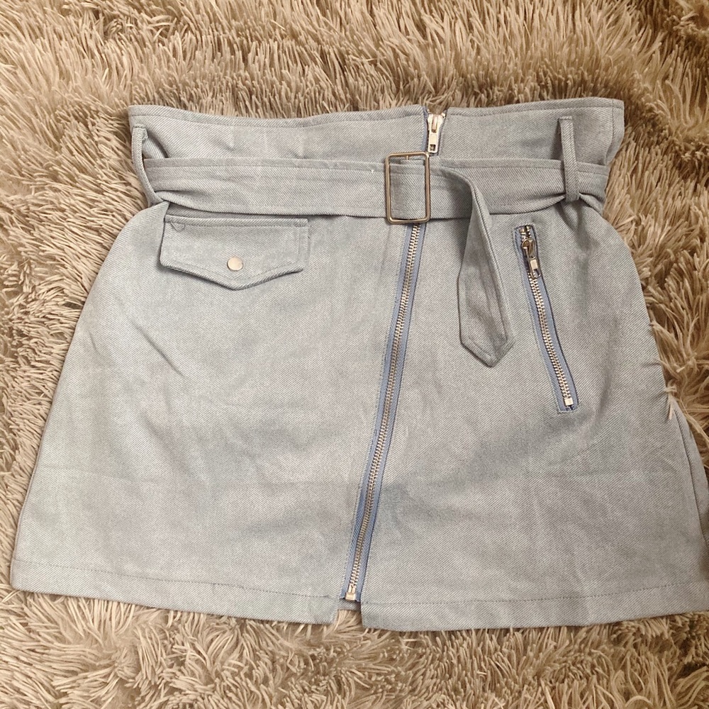 Belted Faux-suede Asymmetrical Zip Mini Skirt